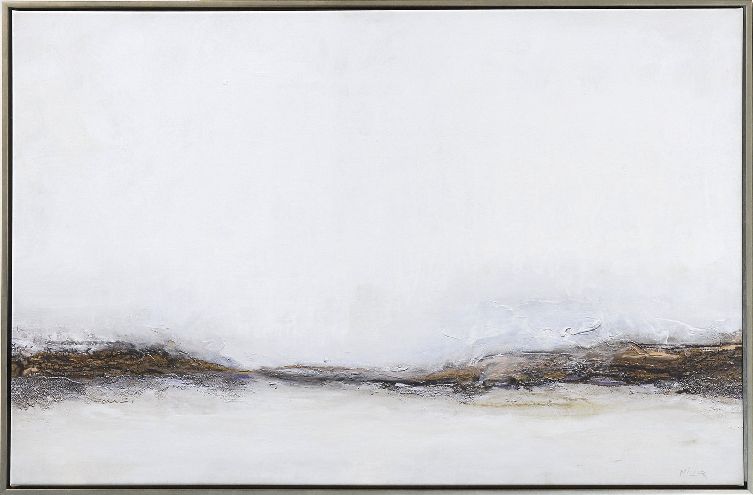 Rising Mist wall art featuring abstract landscape in soft white and blue tones with textured brushstrokes.