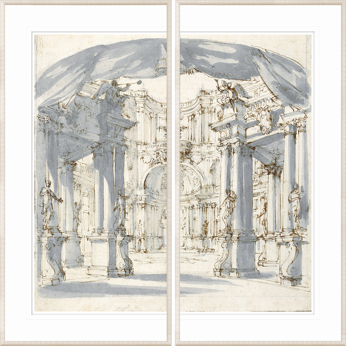 Courtyard, The 1713 Stage Set – Diptych, detailed architectural drawing with columns and statues