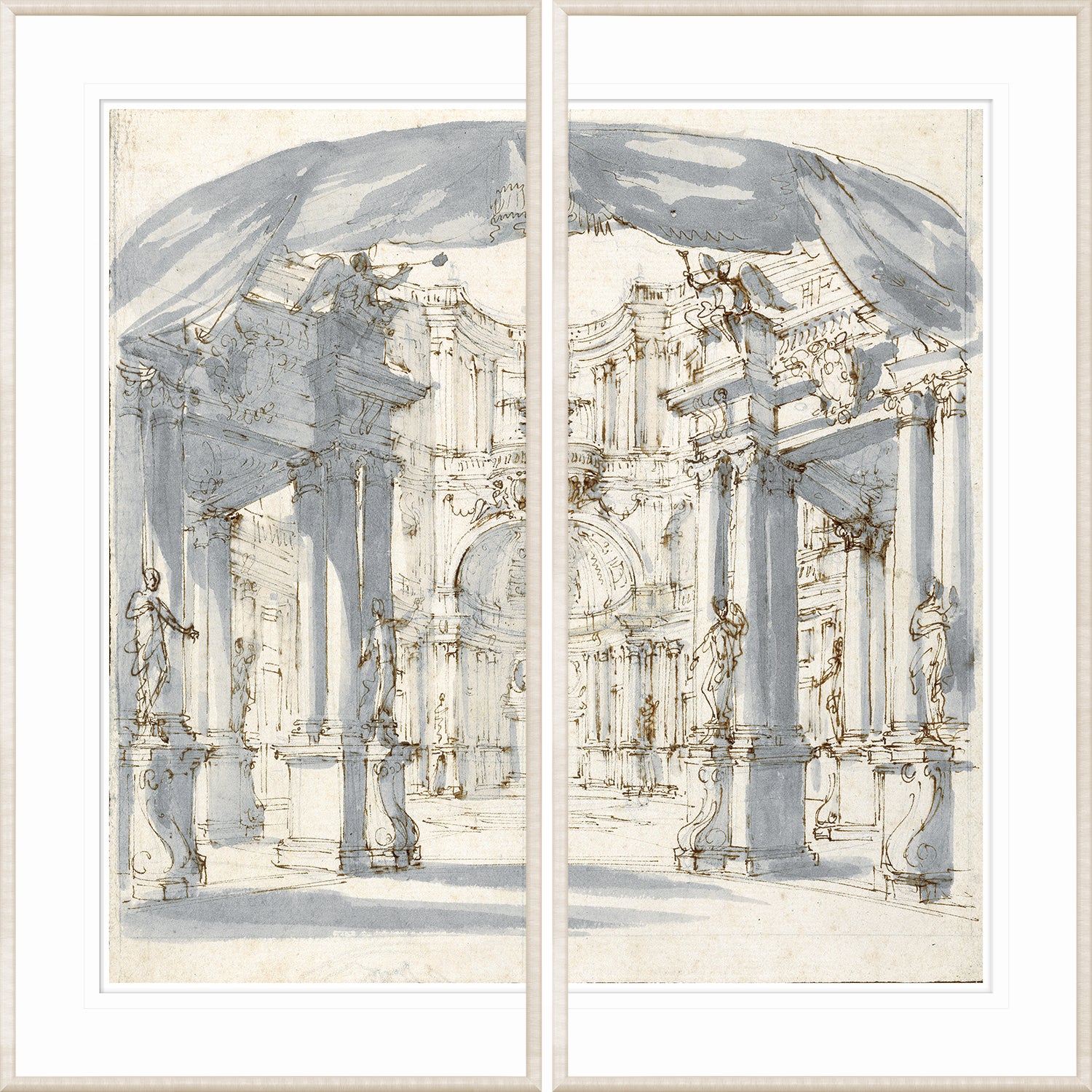 Courtyard, The 1713 Stage Set – Diptych, detailed architectural drawing with columns and statues