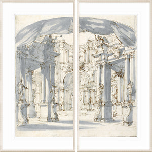 Courtyard, The 1713 Stage Set – Diptych, detailed architectural drawing with columns and statues