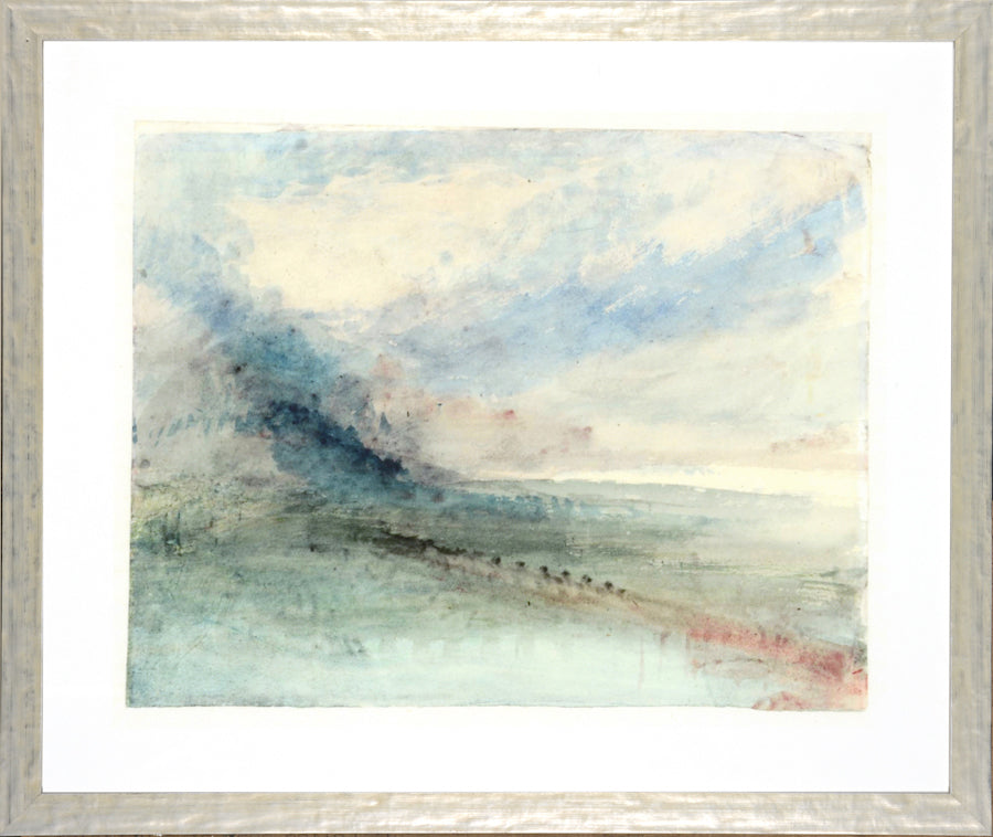 Turner – Plein Air I wall art featuring soft blue and green watercolor landscape with clouds.
