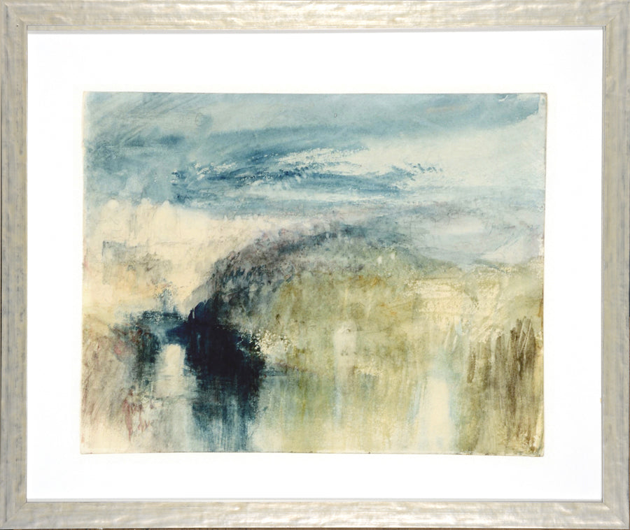 Turner – Plein Air IV wall art featuring abstract landscape in soft blues and greens, framed in silver.
