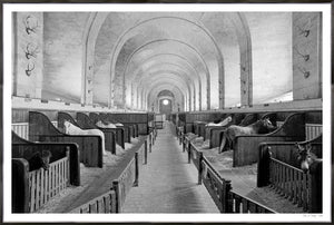 Chateau De Chantilly – Stalles wall art featuring a historic horse stable interior in black and white.