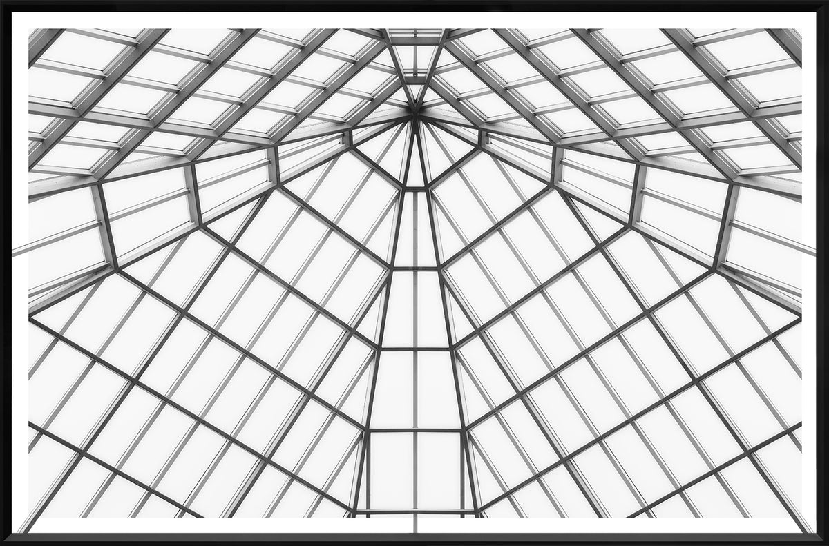 Modern Geometrics I wall art featuring a black and white geometric ceiling design.