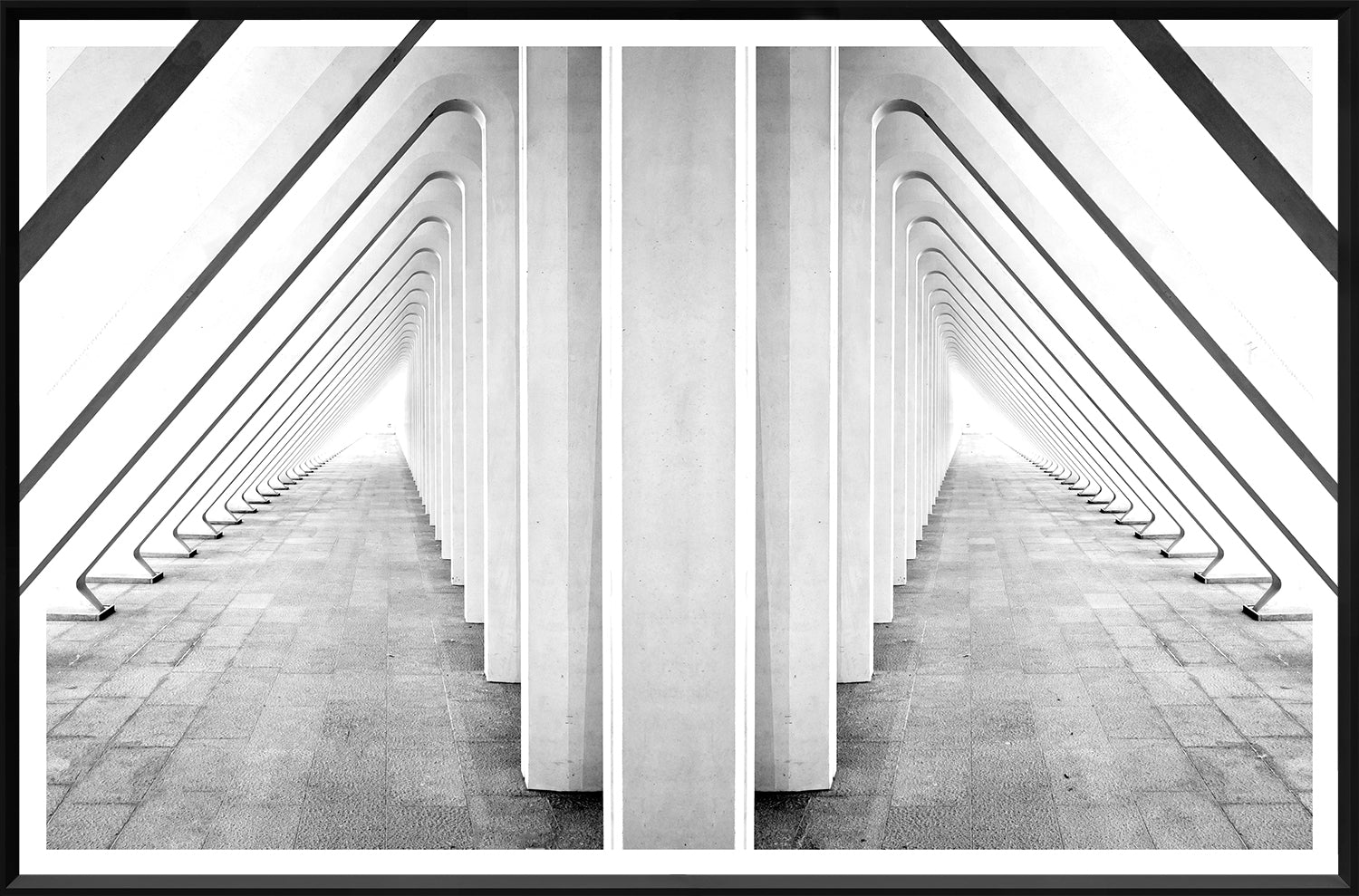 Modern Geometrics II wall art featuring a black and white geometric design with angled columns.