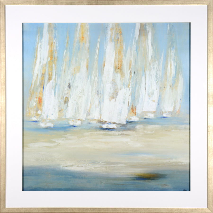 Regatta wall art featuring abstract sailboats in soft blues and whites, framed in gold.