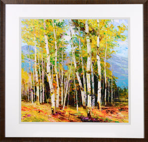 Spring Mountain wall art featuring vibrant yellow aspen trees in a colorful landscape.