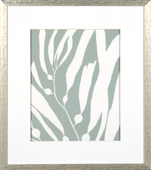 Seagrass I wall art featuring green and white leaf patterns in a silver frame.