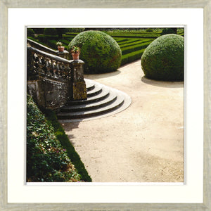 Jardin Vert Formel IV wall art featuring a garden pathway with rounded hedges and stone steps.