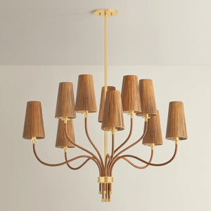 Atwood Chandelier 40" in aged brass shown from the front to reveal the frame, arms, and shade detail.