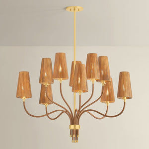 Close-up of the Atwood Chandelier 40" in aged brass showing the frame, arms, and shade detail.