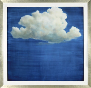 In The Cloud wall art featuring a fluffy white cloud on a deep blue background