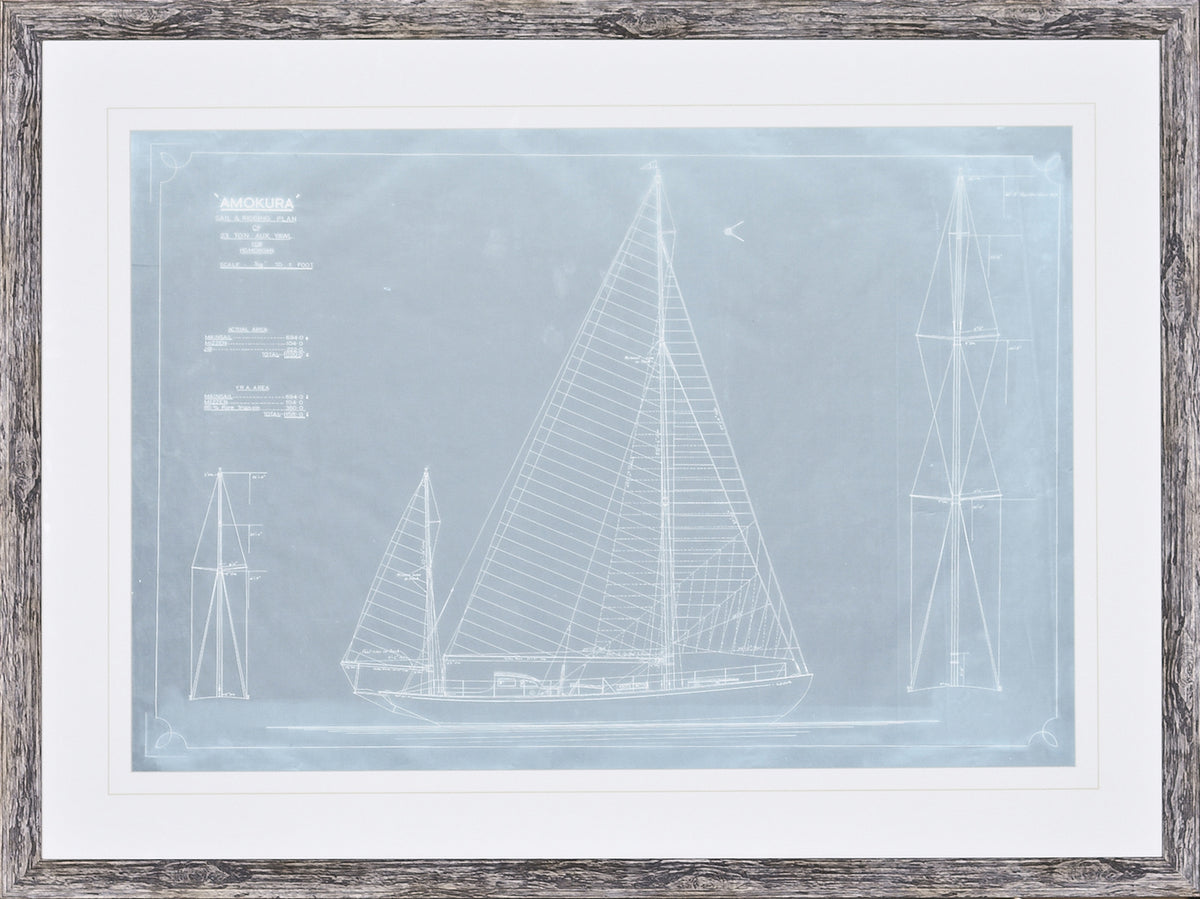 Amokura Sail & Rigging Plan wall art featuring a blueprint design in blue with white lines.