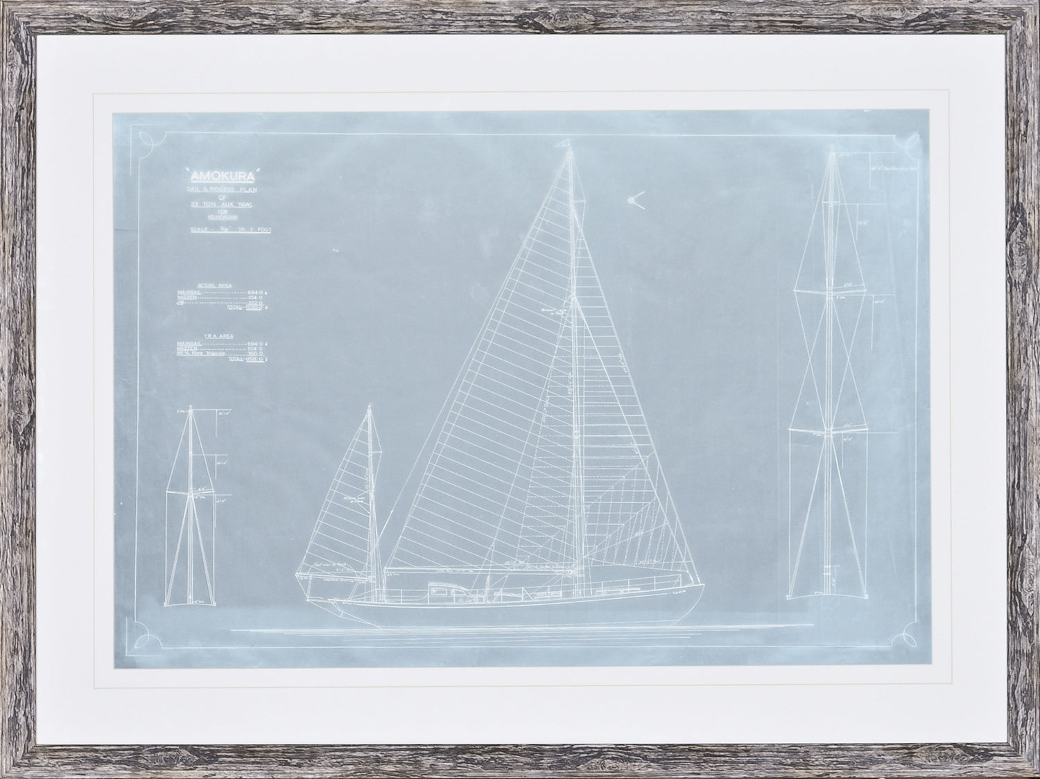 Amokura Sail & Rigging Plan wall art featuring a blueprint design in blue with white lines.