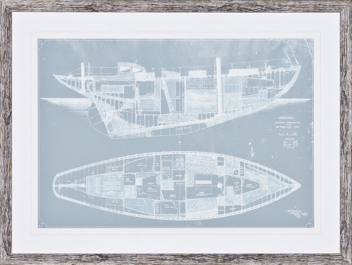 Amokura wall art featuring a blueprint of a boat in blue and white, framed in a rustic wood frame.