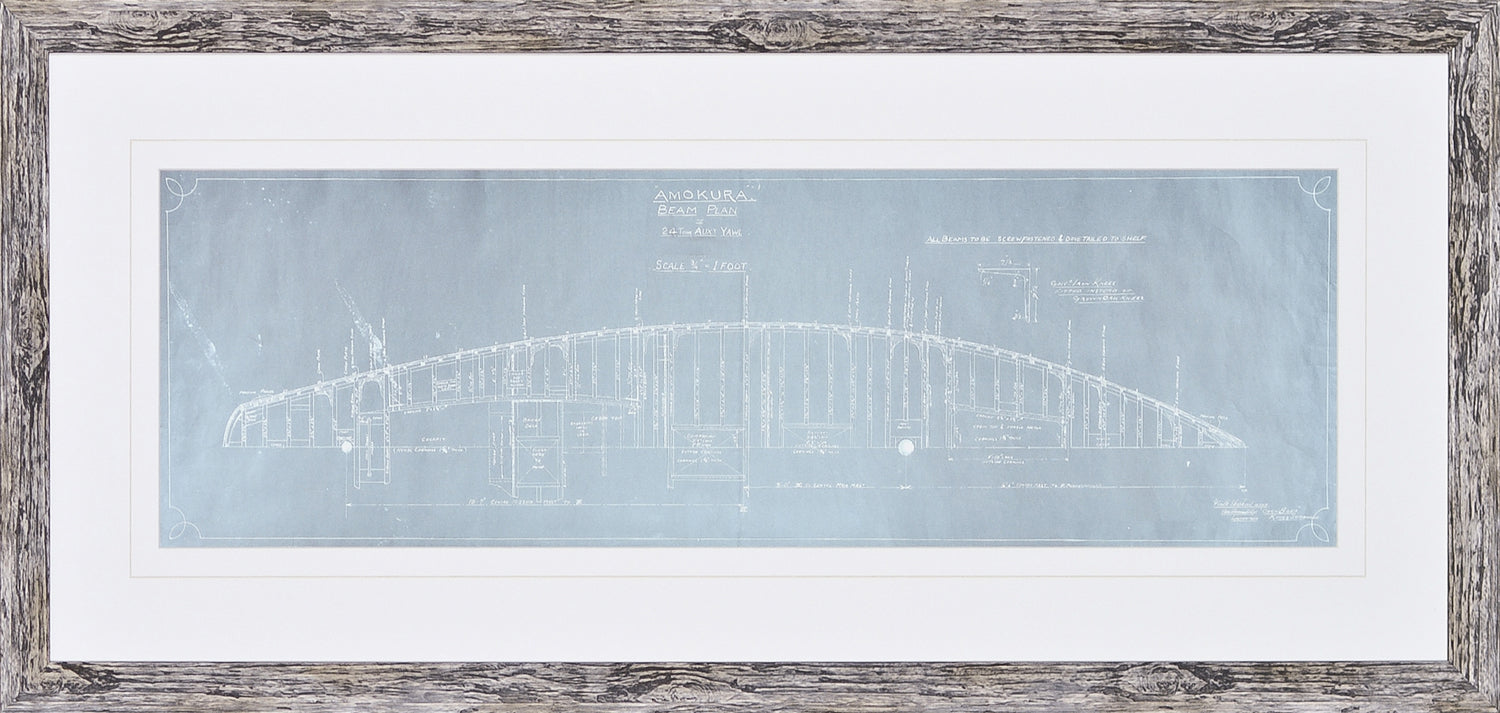 Amokura Beam Plan wall art featuring a blueprint design in blue and white, framed in a rustic style.