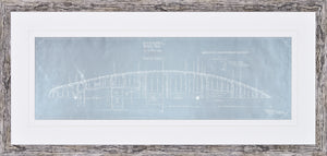 Amokura Beam Plan wall art featuring a blueprint design in blue and white, framed in a rustic style.