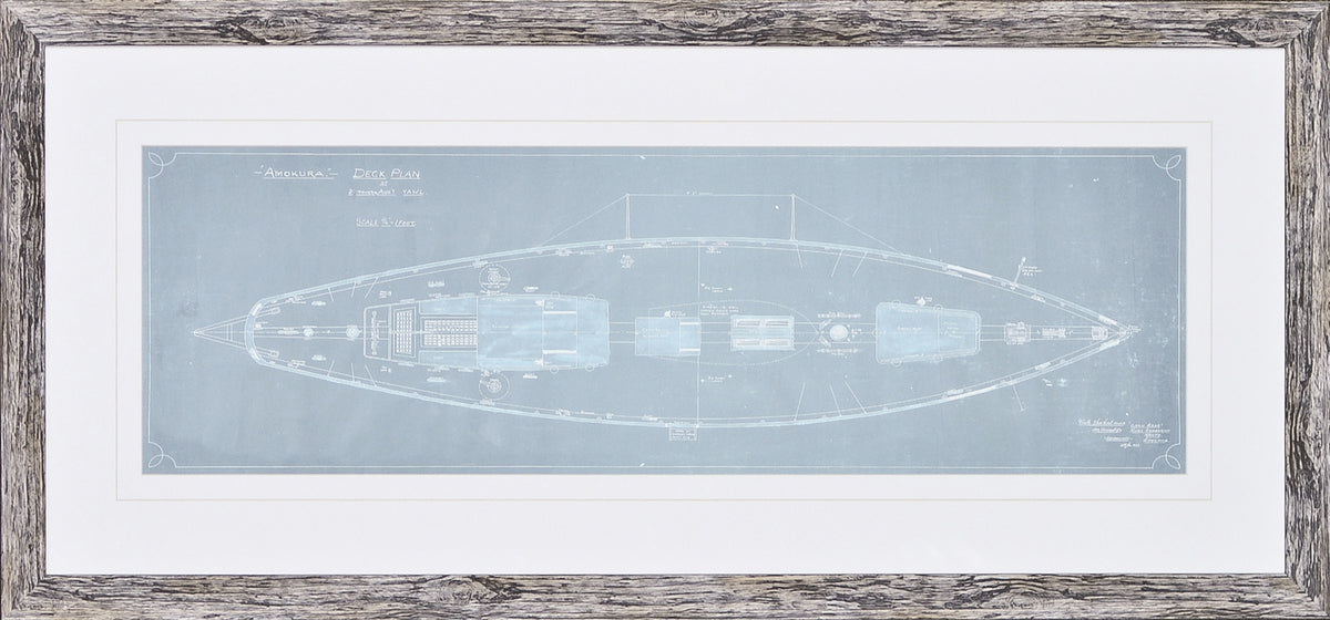 Amokura Deck Plan wall art featuring a blueprint design in light blue and white.