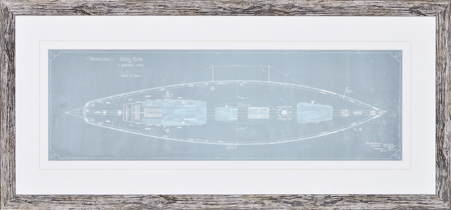 Amokura Deck Plan wall art featuring a blueprint design in light blue and white.