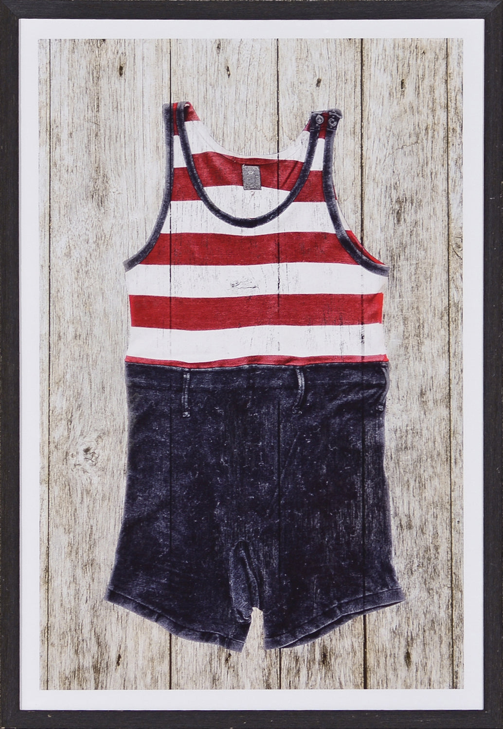 Vintage Swimsuit wall art featuring a red and white striped tank top with dark shorts on a wooden background.