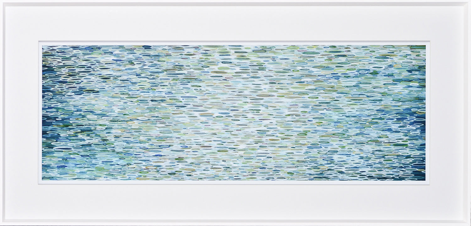 Spring Rain wall art featuring abstract blue and green water patterns in a white frame.