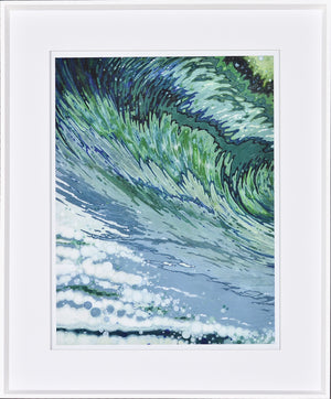 Churning wall art featuring a vibrant green and blue wave design with white foam accents.
