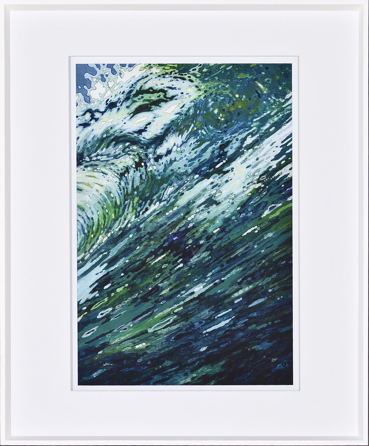 Churning Sea wall art featuring a dynamic wave in shades of blue and green, framed in white.
