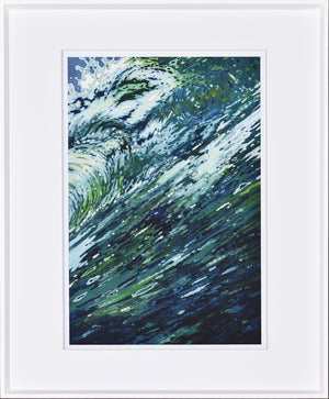 Churning Sea wall art featuring a dynamic wave in shades of blue and green, framed in white.