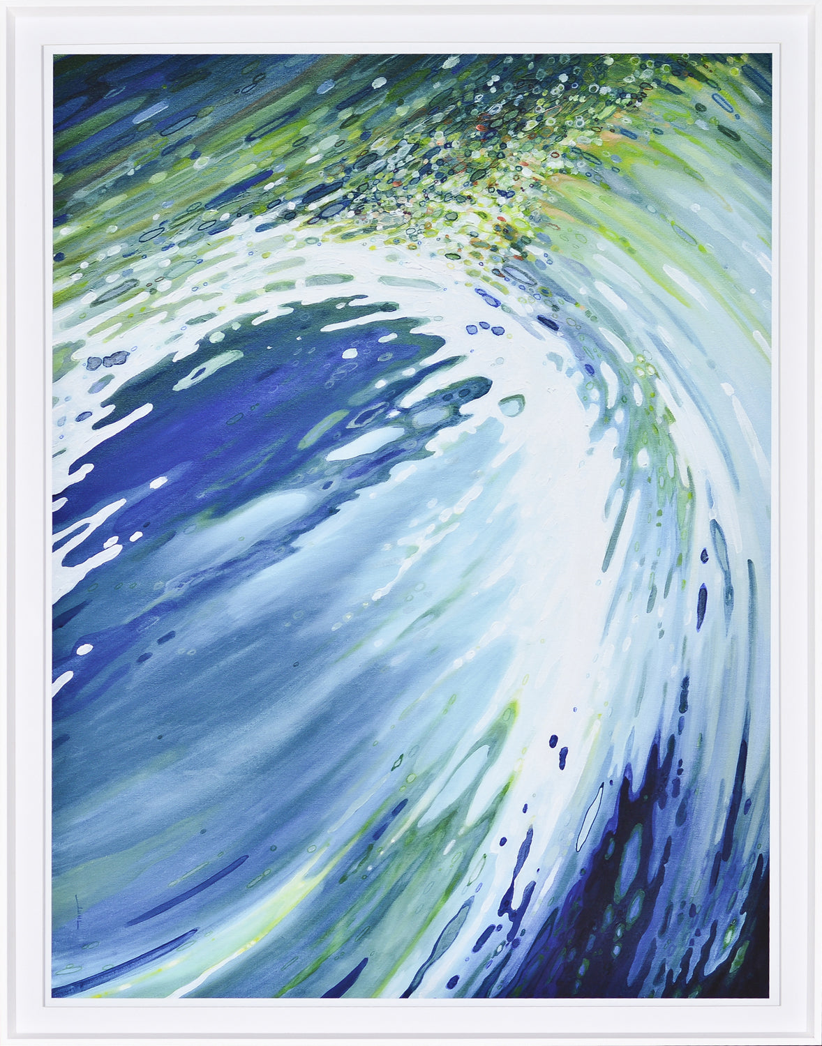 Vortex wall art featuring an abstract wave design in blue and green hues with a white frame.