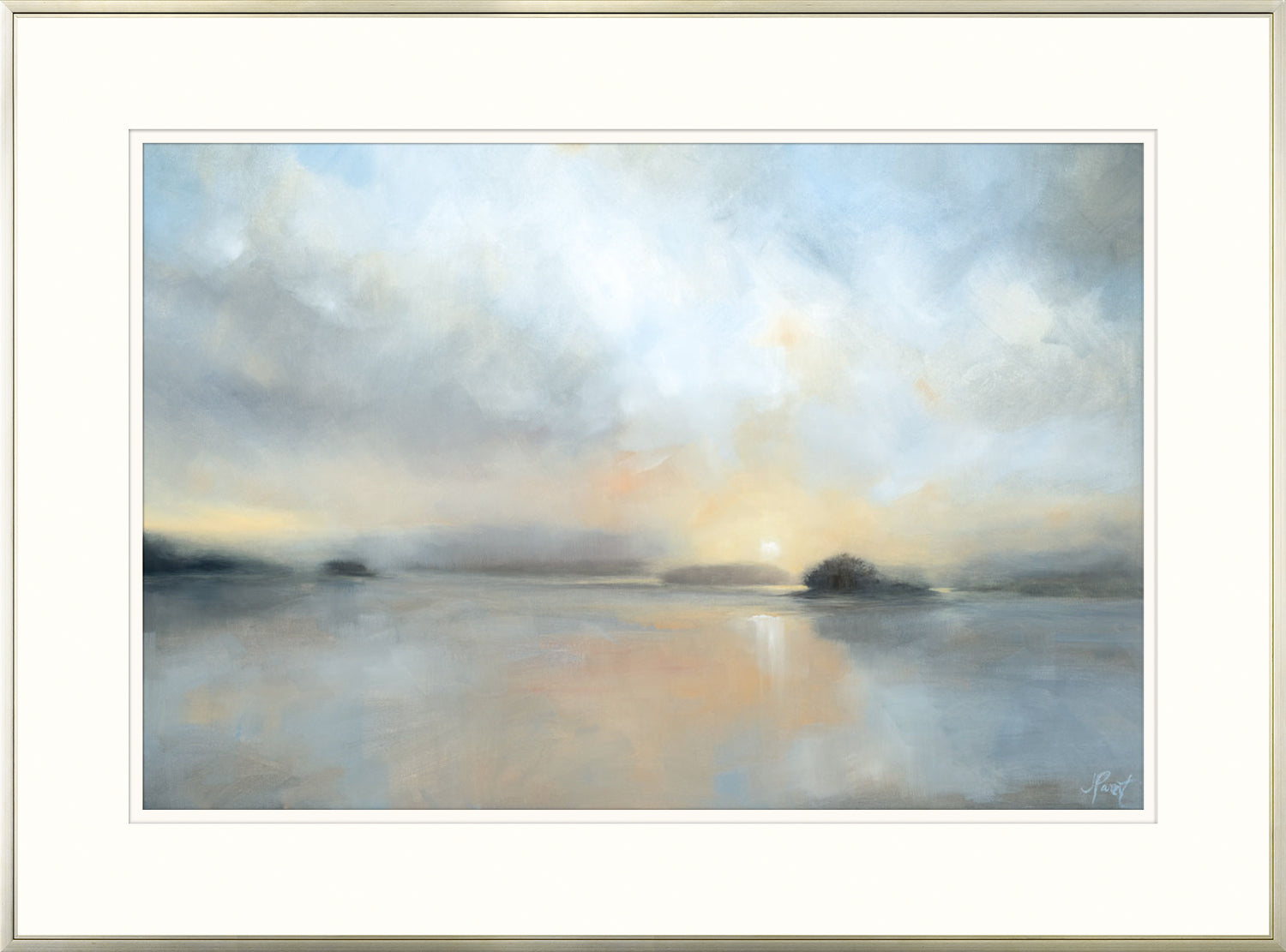 December Mists wall art featuring a serene landscape with soft blue and orange hues.