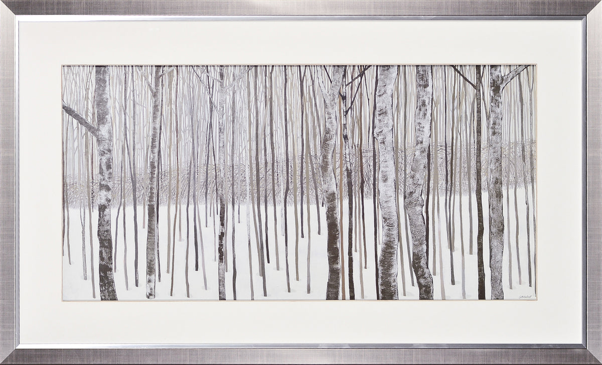 Woods In Winter wall art featuring a snowy forest scene with tall, slender trees in muted tones.