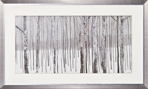 Woods In Winter wall art featuring a snowy forest scene with tall, slender trees in muted tones.