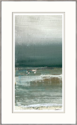 Shallows I wall art featuring abstract ocean hues in green and gray tones, framed elegantly.