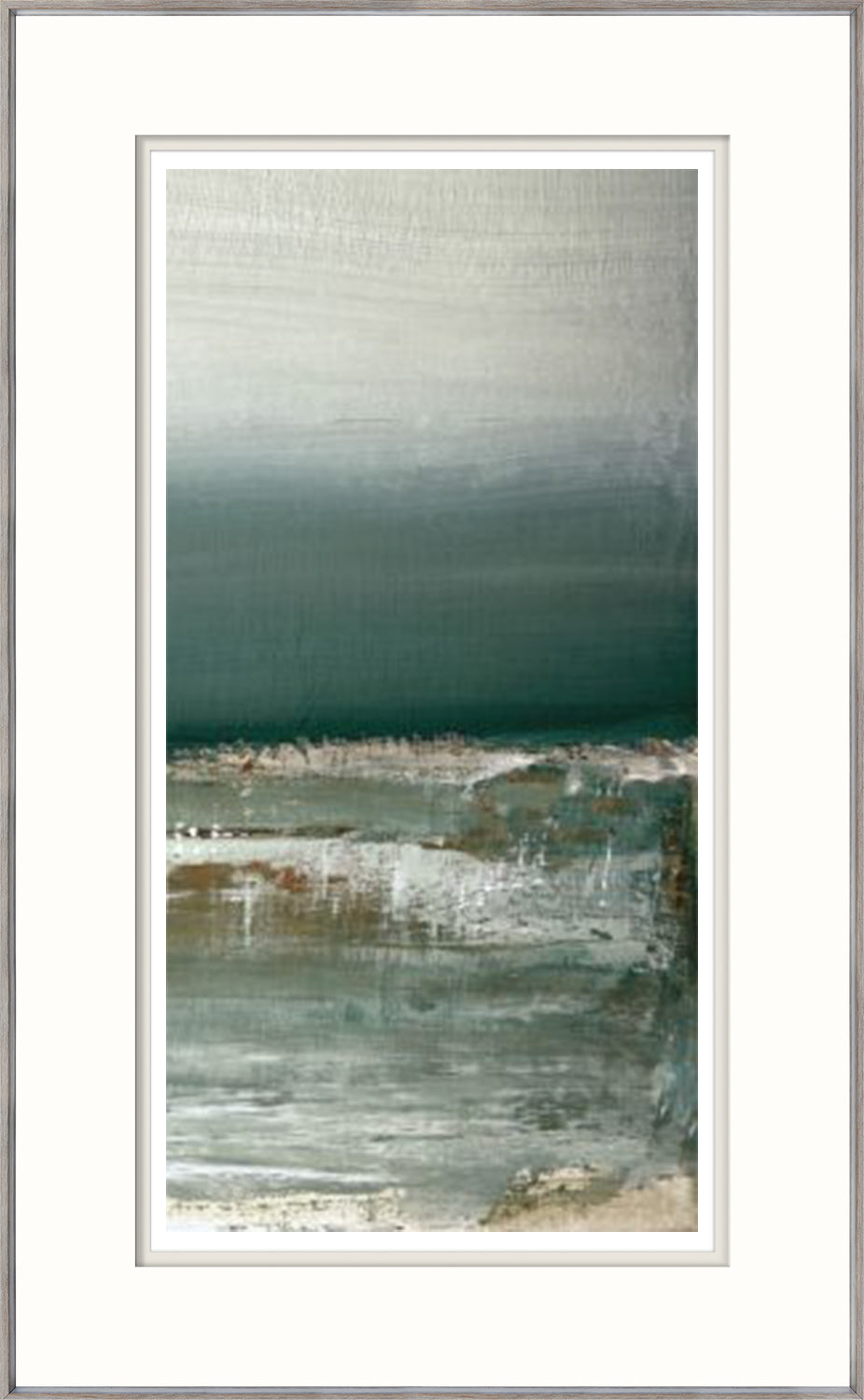 Shallows II wall art featuring abstract ocean scene in muted greens and grays, framed in light wood.