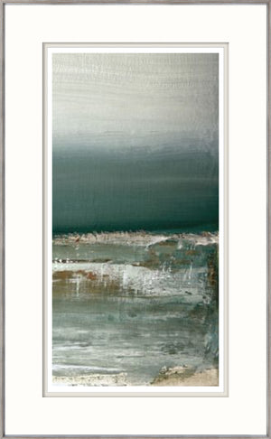 Shallows II wall art featuring abstract ocean scene in muted greens and grays, framed in light wood.