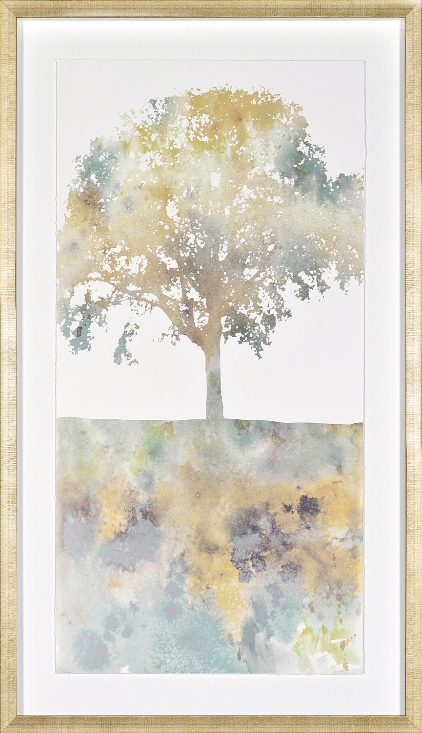 Water Tree I wall art featuring a watercolor tree silhouette in soft pastel colors.