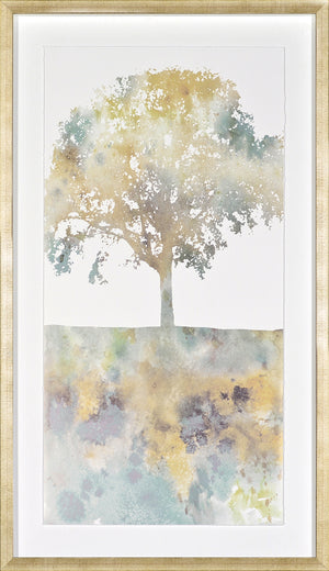 Water Tree I wall art featuring a watercolor tree silhouette in soft pastel colors.