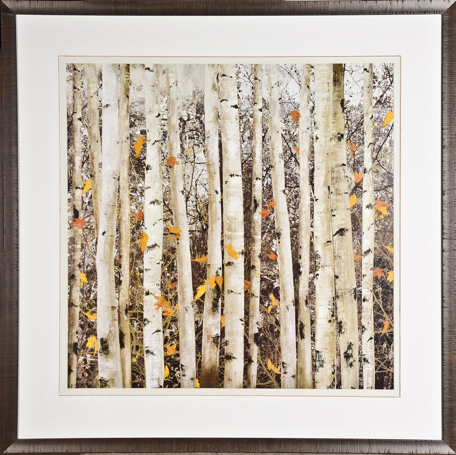 Serene Union wall art featuring white birch trees with orange leaves in a natural setting