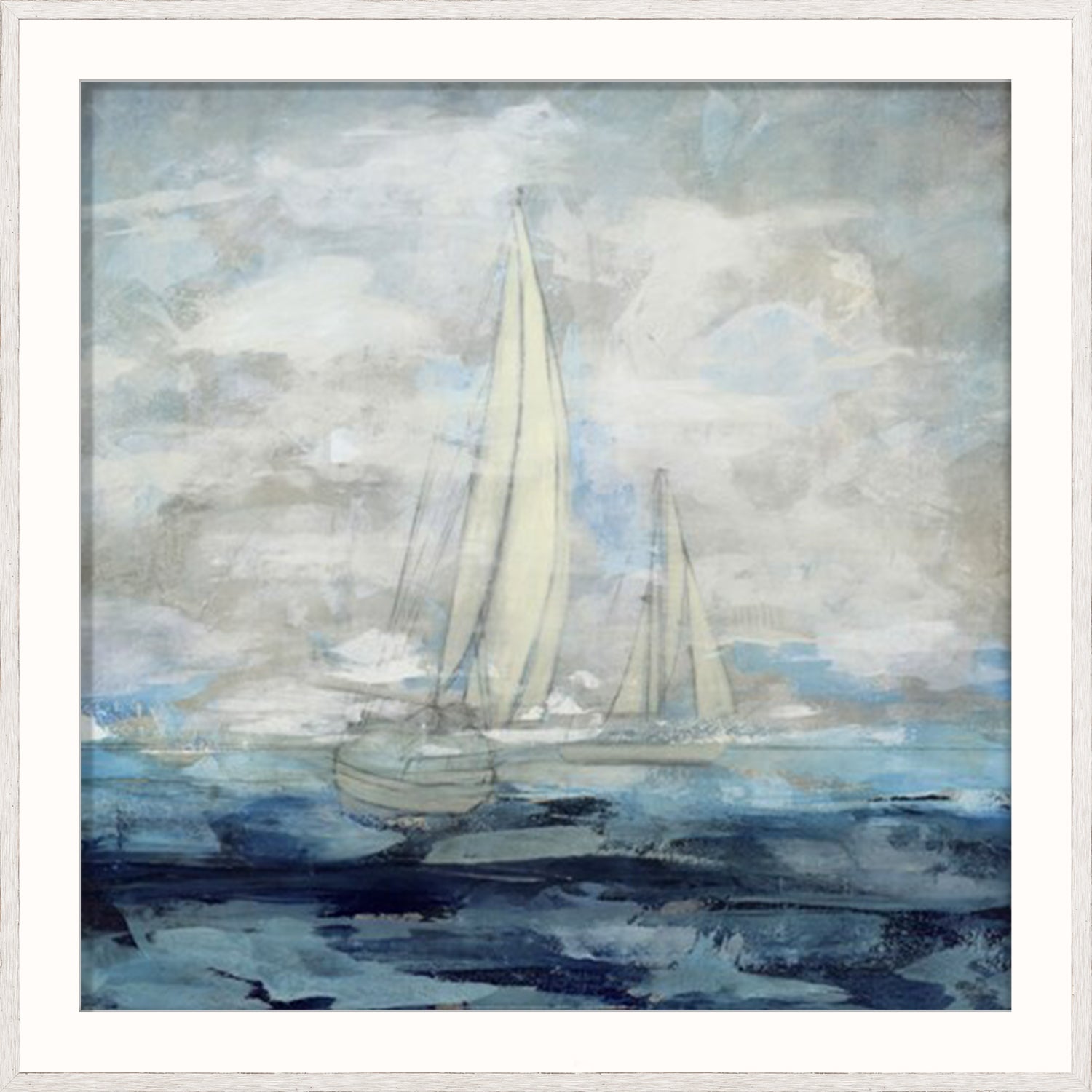 Into The Distance wall art featuring sailboats on a calm sea with a blue and gray color palette