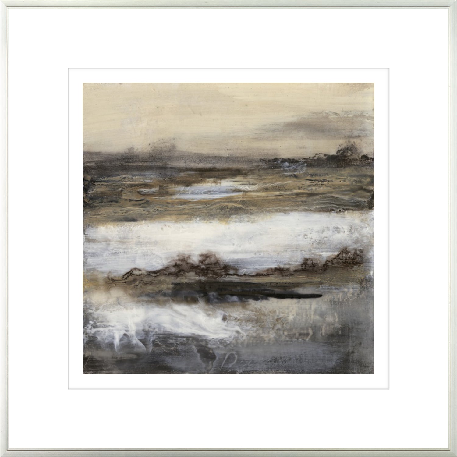 Peace II wall art featuring abstract ocean waves in earthy tones of beige, brown, and gray.