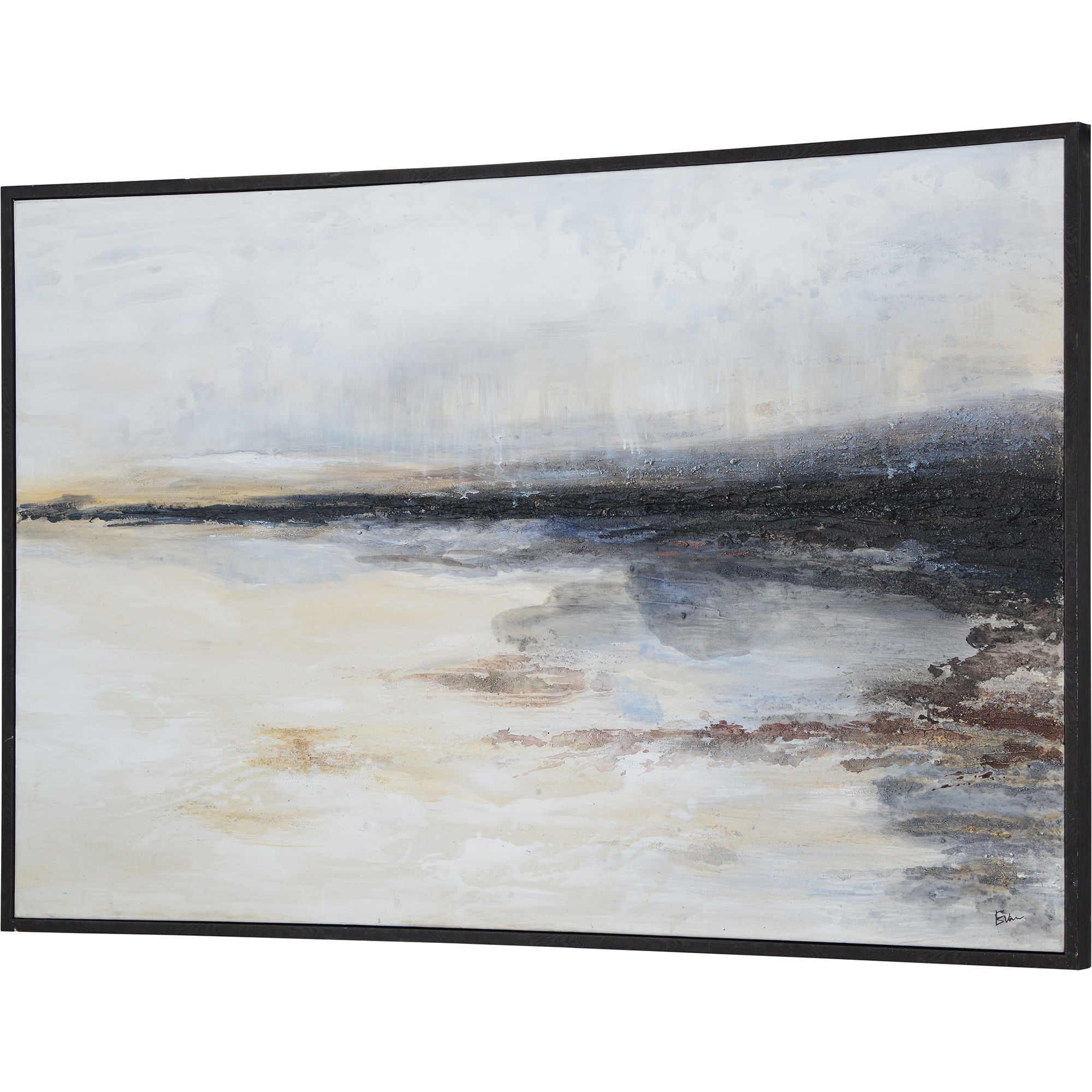 Warran canvas art depicting an abstract landscape with soft hues and dark accents