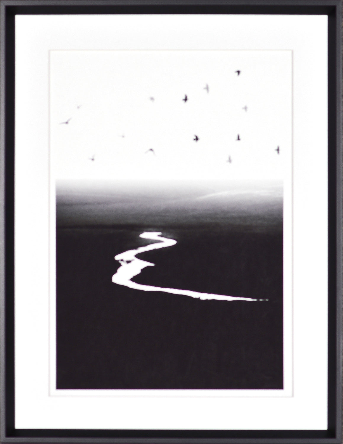 Silver Stream wall art featuring a black and white river scene with birds in flight.