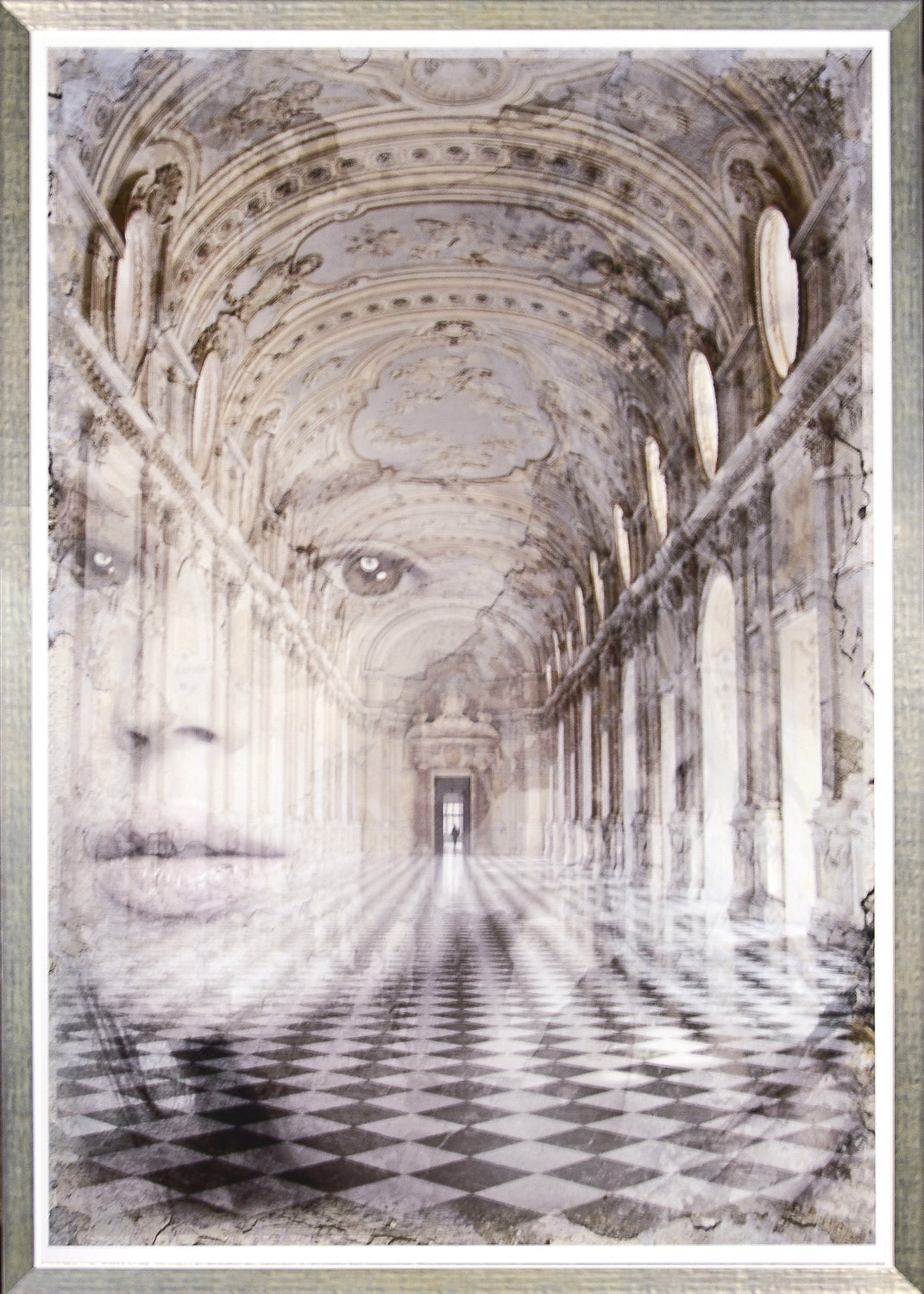 Through Time wall art featuring a ghostly face overlaying an ornate hallway with checkered floor