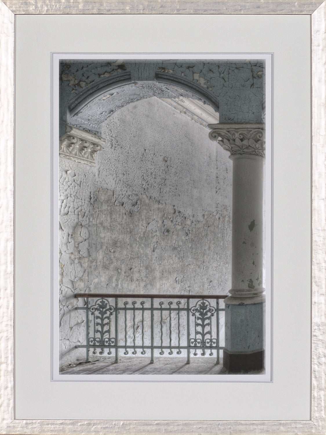 Timeworn Details I wall art featuring a textured, weathered wall with a decorative railing and archway.