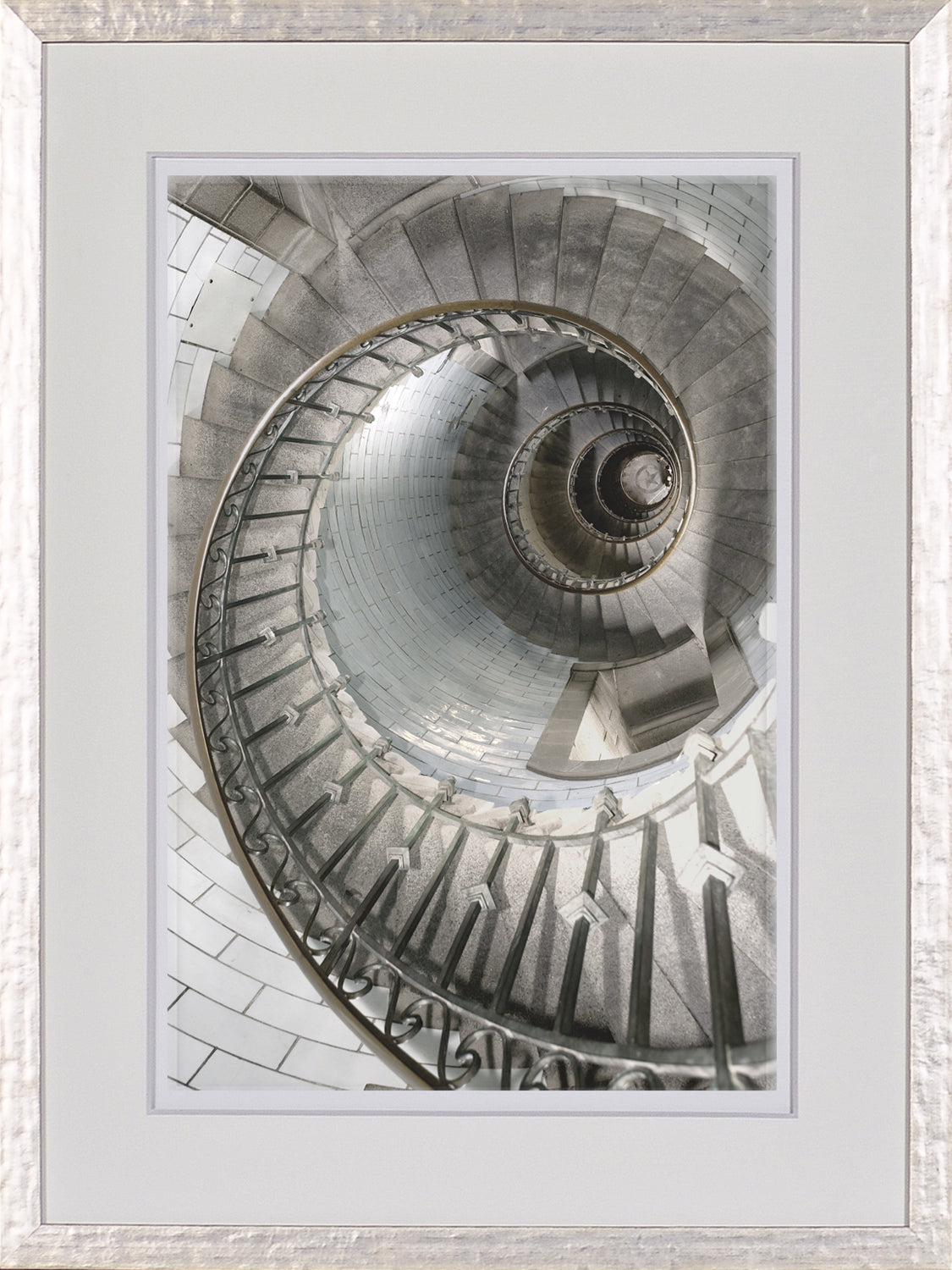 Timeworn Details V wall art featuring a spiral staircase in gray tones with a decorative railing.