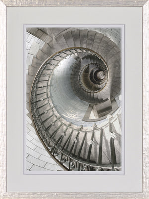 Timeworn Details V wall art featuring a spiral staircase in gray tones with a decorative railing.