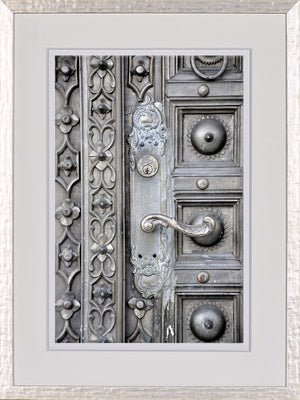 Timeworn Details VII wall art featuring intricate metal door design with ornate patterns and handle.