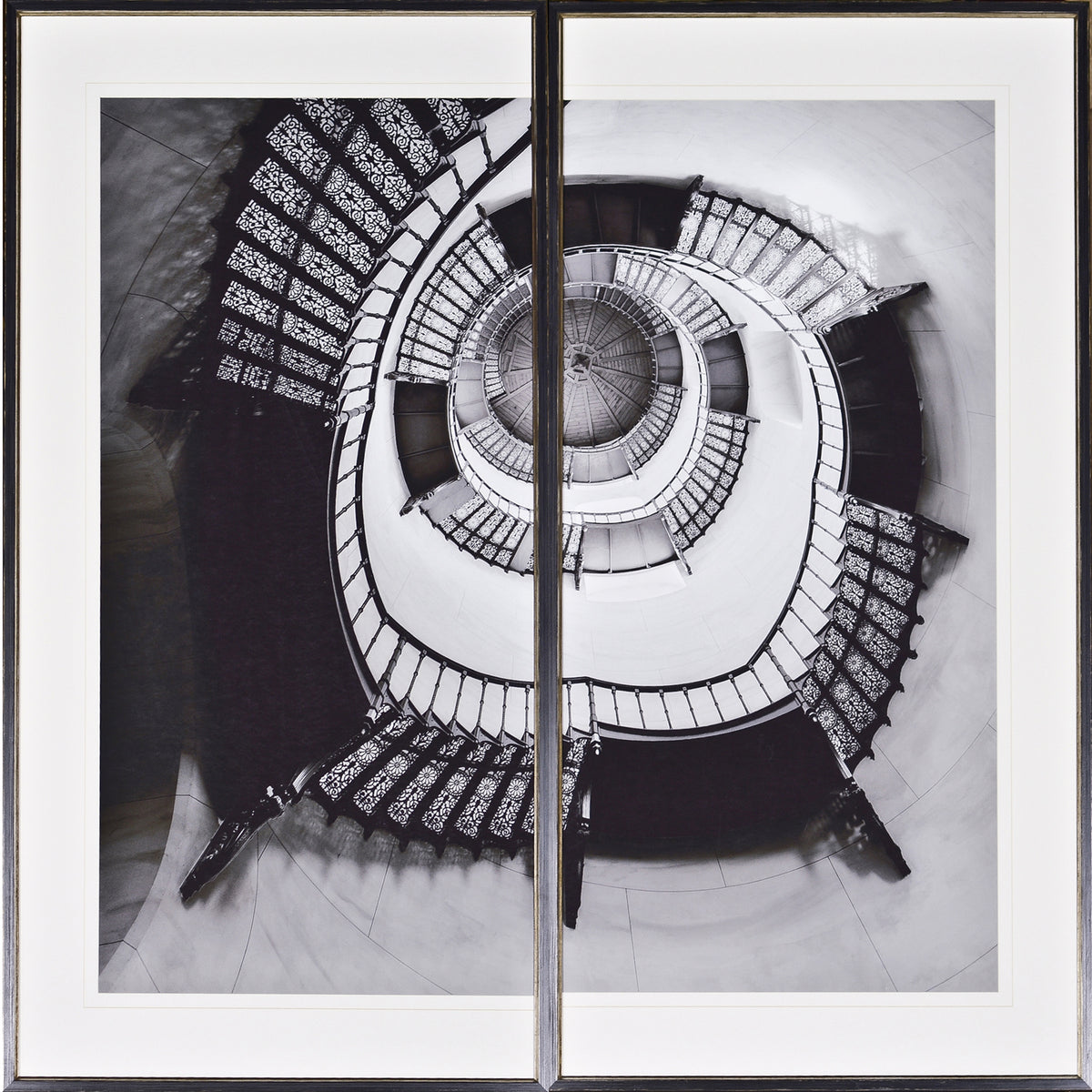 Tower Of Jagdschlass – Diptych wall art featuring a spiral staircase in black and white.