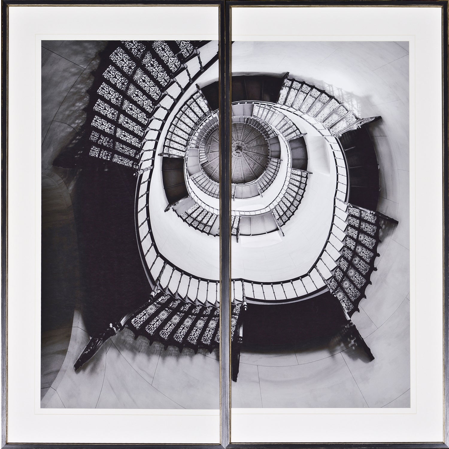 Tower Of Jagdschlass – Diptych wall art featuring a spiral staircase in black and white.