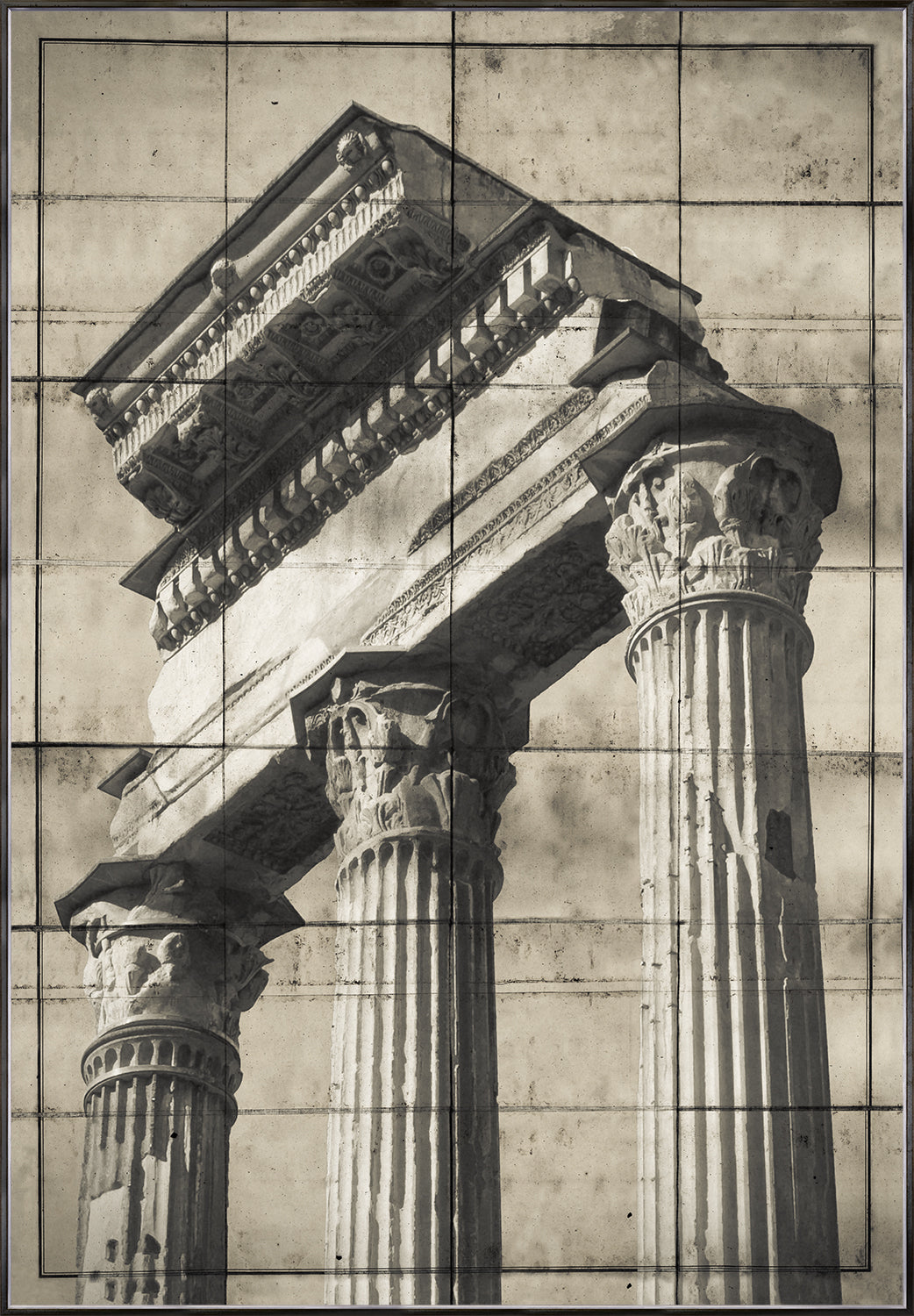 Roman Ruins II wall art featuring detailed columns and ornate structures in sepia tones.